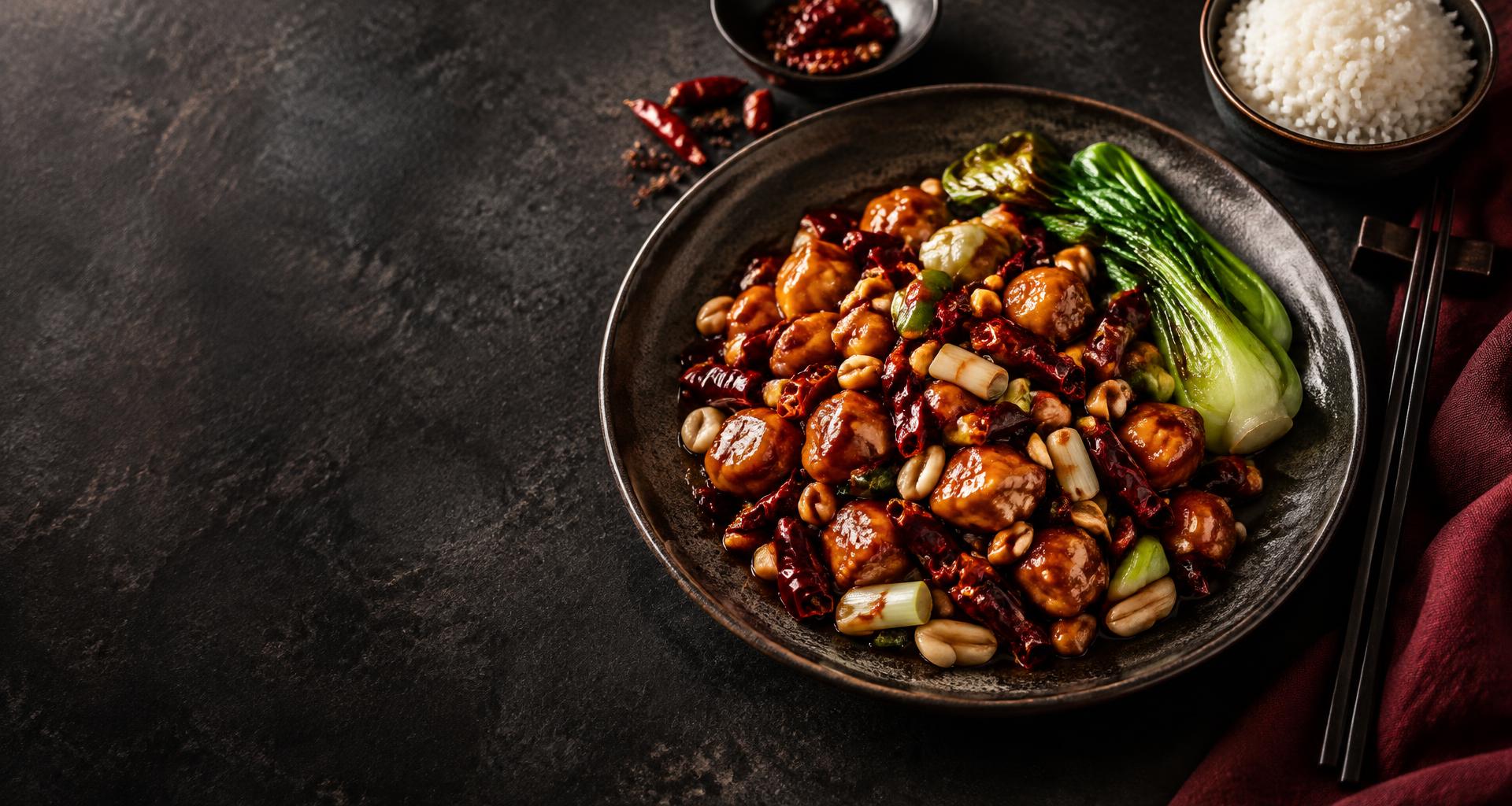 Kurczak Kung Pao z chili, orzeszkami i pak choi na ciemnym talerzu